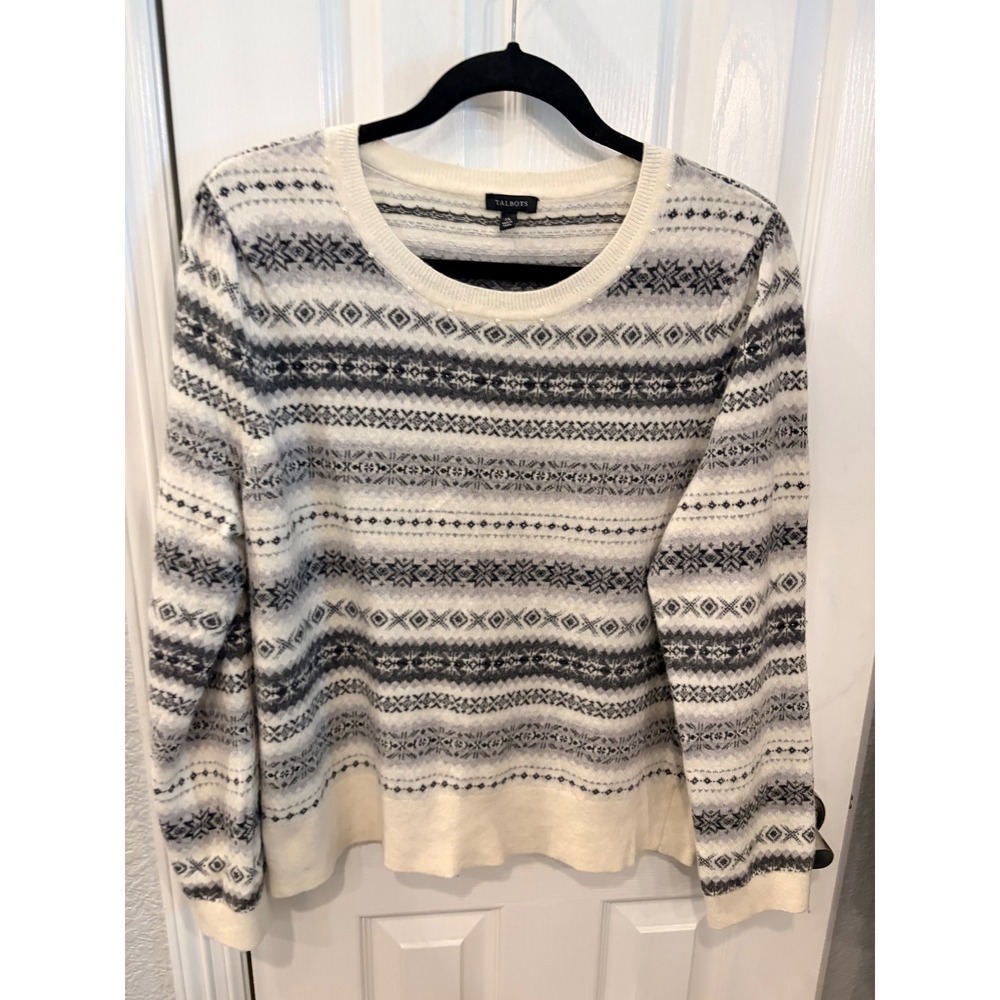 Talbots Sweater Ivory Grey Fair Isle Pearl Embellished Wool Blend Knit XL